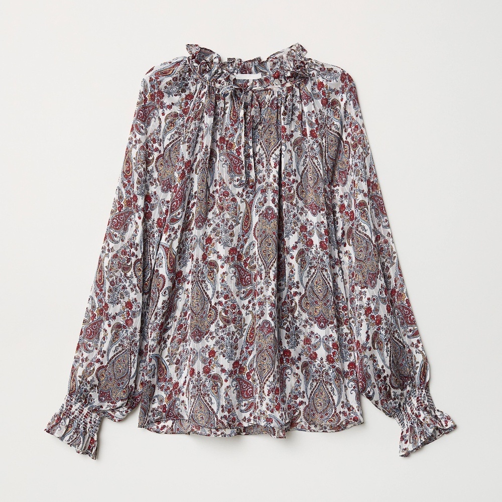 H&M Smocking Paisley Blouse Printed Tops Long Sleeve Neck Tie Smocked Sleeves